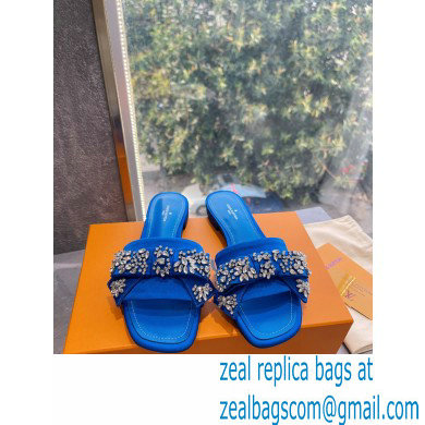 Louis Vuitton Crystal Bow Diva Flat Mules Embroidered Satin Blue 2022