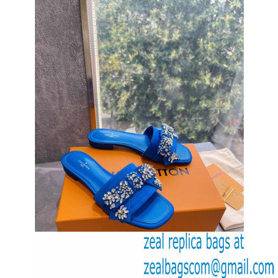 Louis Vuitton Crystal Bow Diva Flat Mules Embroidered Satin Blue 2022