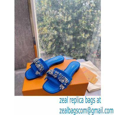 Louis Vuitton Crystal Bow Diva Flat Mules Embroidered Satin Blue 2022