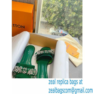 Louis Vuitton Crystal Bow Diva Flat Mules Embroidered Satin Green 2022