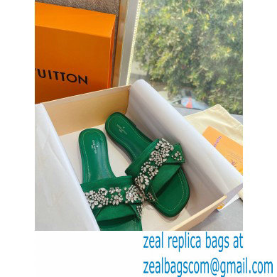 Louis Vuitton Crystal Bow Diva Flat Mules Embroidered Satin Green 2022
