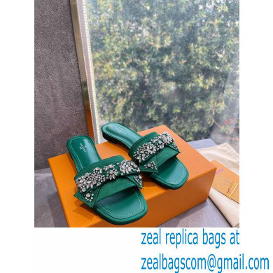 Louis Vuitton Crystal Bow Diva Flat Mules Embroidered Satin Green 2022 - Click Image to Close