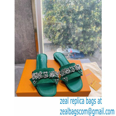 Louis Vuitton Crystal Bow Diva Flat Mules Embroidered Satin Green 2022 - Click Image to Close