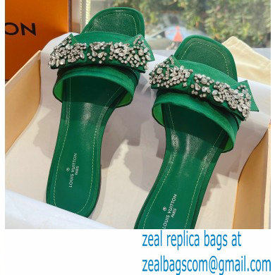 Louis Vuitton Crystal Bow Diva Flat Mules Embroidered Satin Green 2022