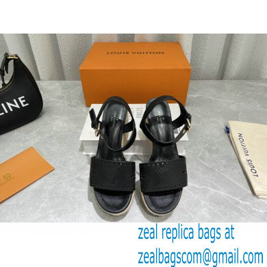 Louis Vuitton Perforated Calf Leather Starboard Wedge Espadrilles Sandals Black 2022