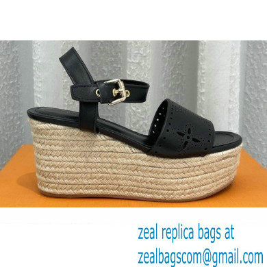 Louis Vuitton Perforated Calf Leather Starboard Wedge Espadrilles Sandals Black 2022