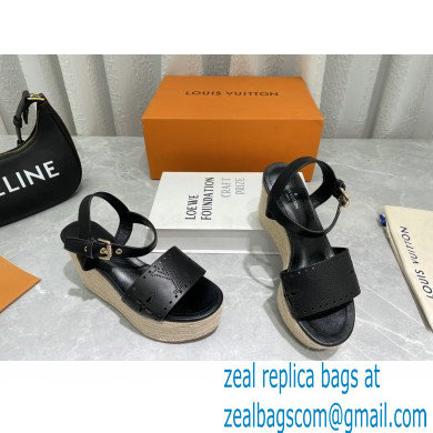 Louis Vuitton Perforated Calf Leather Starboard Wedge Espadrilles Sandals Black 2022 - Click Image to Close