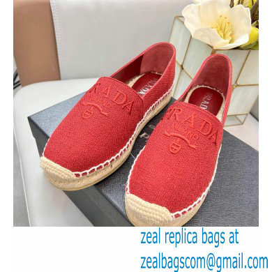 Prada Linen Logo Embroidered Espadrilles Red 2022