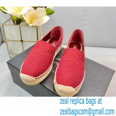 Prada Linen Logo Embroidered Espadrilles Red 2022 - Click Image to Close