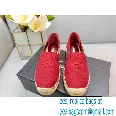 Prada Linen Logo Embroidered Espadrilles Red 2022