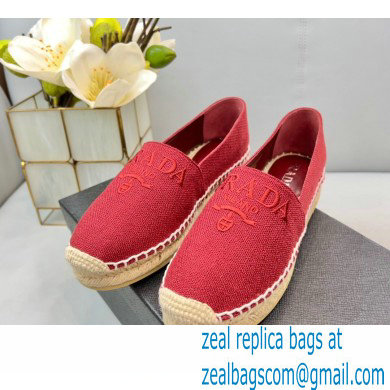 Prada Linen Logo Embroidered Espadrilles Red 2022