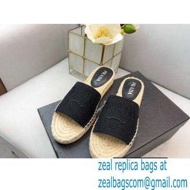 Prada Linen Logo Embroidered Espadrilles Slides Black 2022 - Click Image to Close