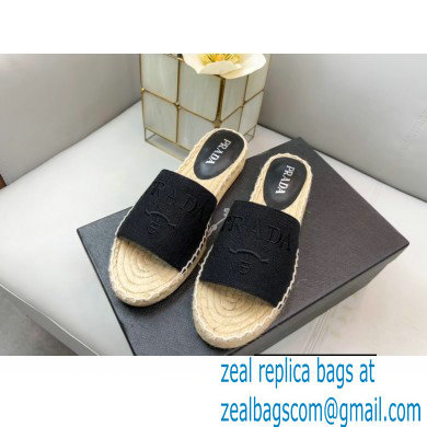 Prada Linen Logo Embroidered Espadrilles Slides Black 2022 - Click Image to Close