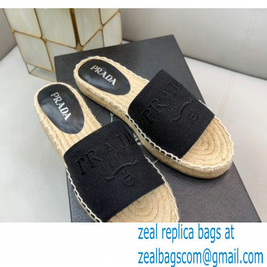 Prada Linen Logo Embroidered Espadrilles Slides Black 2022 - Click Image to Close