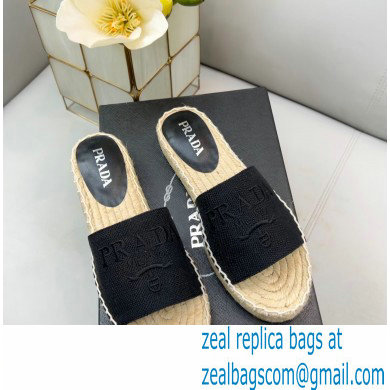 Prada Linen Logo Embroidered Espadrilles Slides Black 2022