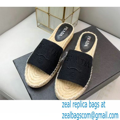 Prada Linen Logo Embroidered Espadrilles Slides Black 2022 - Click Image to Close