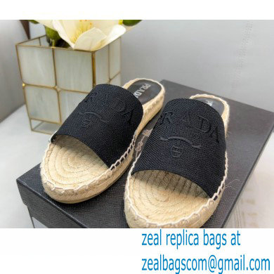 Prada Linen Logo Embroidered Espadrilles Slides Black 2022 - Click Image to Close