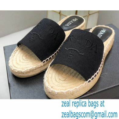 Prada Linen Logo Embroidered Espadrilles Slides Black 2022 - Click Image to Close