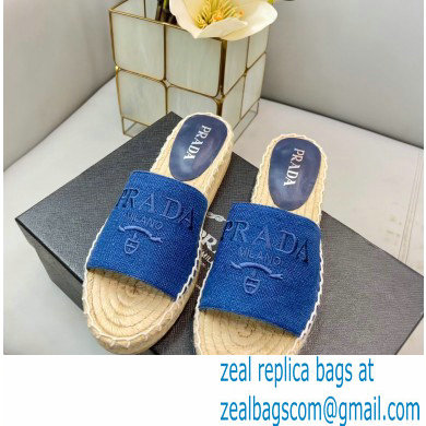 Prada Linen Logo Embroidered Espadrilles Slides Blue 2022