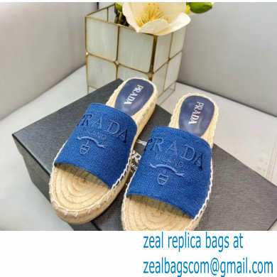 Prada Linen Logo Embroidered Espadrilles Slides Blue 2022 - Click Image to Close