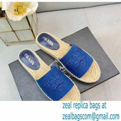 Prada Linen Logo Embroidered Espadrilles Slides Blue 2022