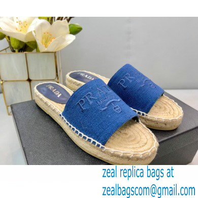 Prada Linen Logo Embroidered Espadrilles Slides Blue 2022