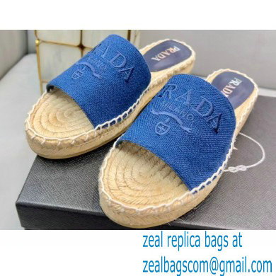 Prada Linen Logo Embroidered Espadrilles Slides Blue 2022