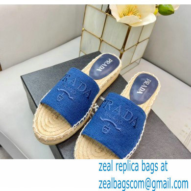 Prada Linen Logo Embroidered Espadrilles Slides Blue 2022