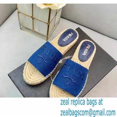 Prada Linen Logo Embroidered Espadrilles Slides Blue 2022