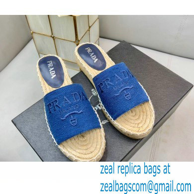 Prada Linen Logo Embroidered Espadrilles Slides Blue 2022 - Click Image to Close