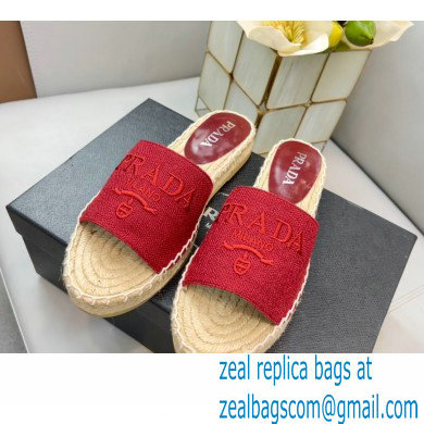 Prada Linen Logo Embroidered Espadrilles Slides Red 2022