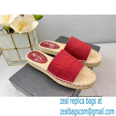 Prada Linen Logo Embroidered Espadrilles Slides Red 2022 - Click Image to Close