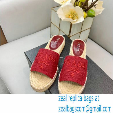 Prada Linen Logo Embroidered Espadrilles Slides Red 2022 - Click Image to Close