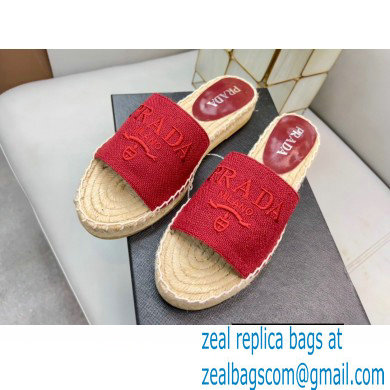 Prada Linen Logo Embroidered Espadrilles Slides Red 2022 - Click Image to Close