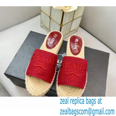 Prada Linen Logo Embroidered Espadrilles Slides Red 2022 - Click Image to Close