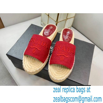 Prada Linen Logo Embroidered Espadrilles Slides Red 2022