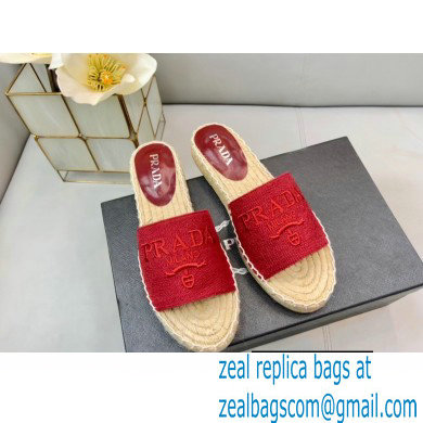 Prada Linen Logo Embroidered Espadrilles Slides Red 2022 - Click Image to Close