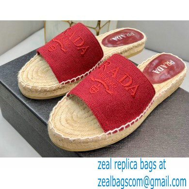 Prada Linen Logo Embroidered Espadrilles Slides Red 2022