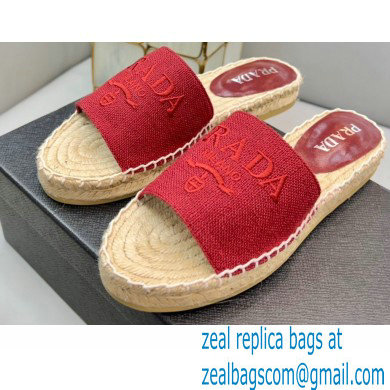 Prada Linen Logo Embroidered Espadrilles Slides Red 2022 - Click Image to Close