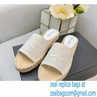 Prada Linen Logo Embroidered Espadrilles Slides White 2022