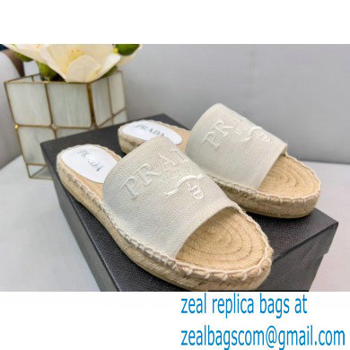 Prada Linen Logo Embroidered Espadrilles Slides White 2022 - Click Image to Close