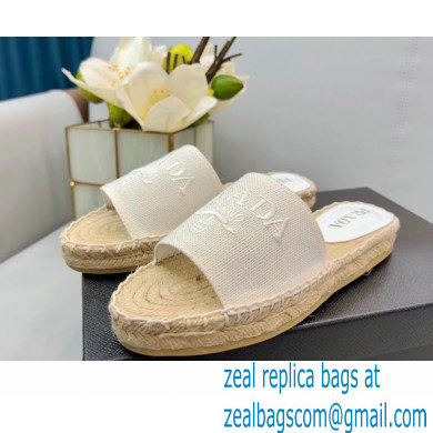 Prada Linen Logo Embroidered Espadrilles Slides White 2022 - Click Image to Close