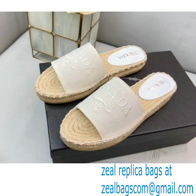 Prada Linen Logo Embroidered Espadrilles Slides White 2022 - Click Image to Close