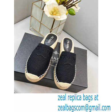 Prada Linen Logo Embroidered Espadrilles Slippers Black 2022 - Click Image to Close