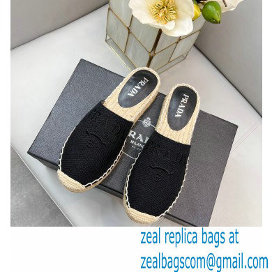 Prada Linen Logo Embroidered Espadrilles Slippers Black 2022 - Click Image to Close