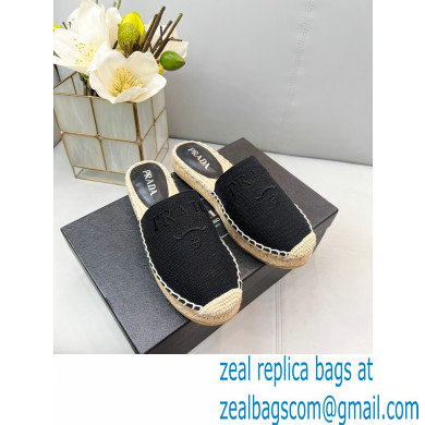 Prada Linen Logo Embroidered Espadrilles Slippers Black 2022 - Click Image to Close