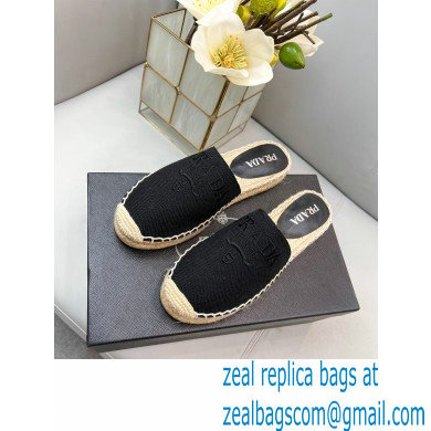 Prada Linen Logo Embroidered Espadrilles Slippers Black 2022 - Click Image to Close