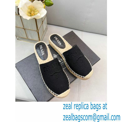 Prada Linen Logo Embroidered Espadrilles Slippers Black 2022 - Click Image to Close