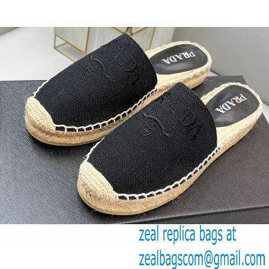 Prada Linen Logo Embroidered Espadrilles Slippers Black 2022 - Click Image to Close