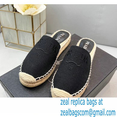 Prada Linen Logo Embroidered Espadrilles Slippers Black 2022 - Click Image to Close